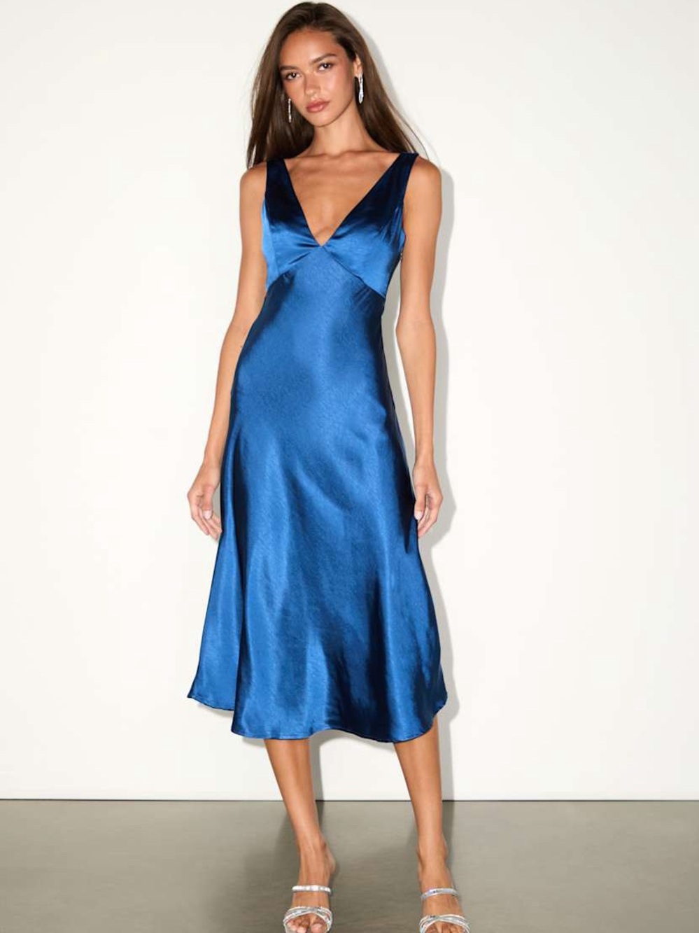 Lulu's Blue Satin V-Neck Midi Slip Dress